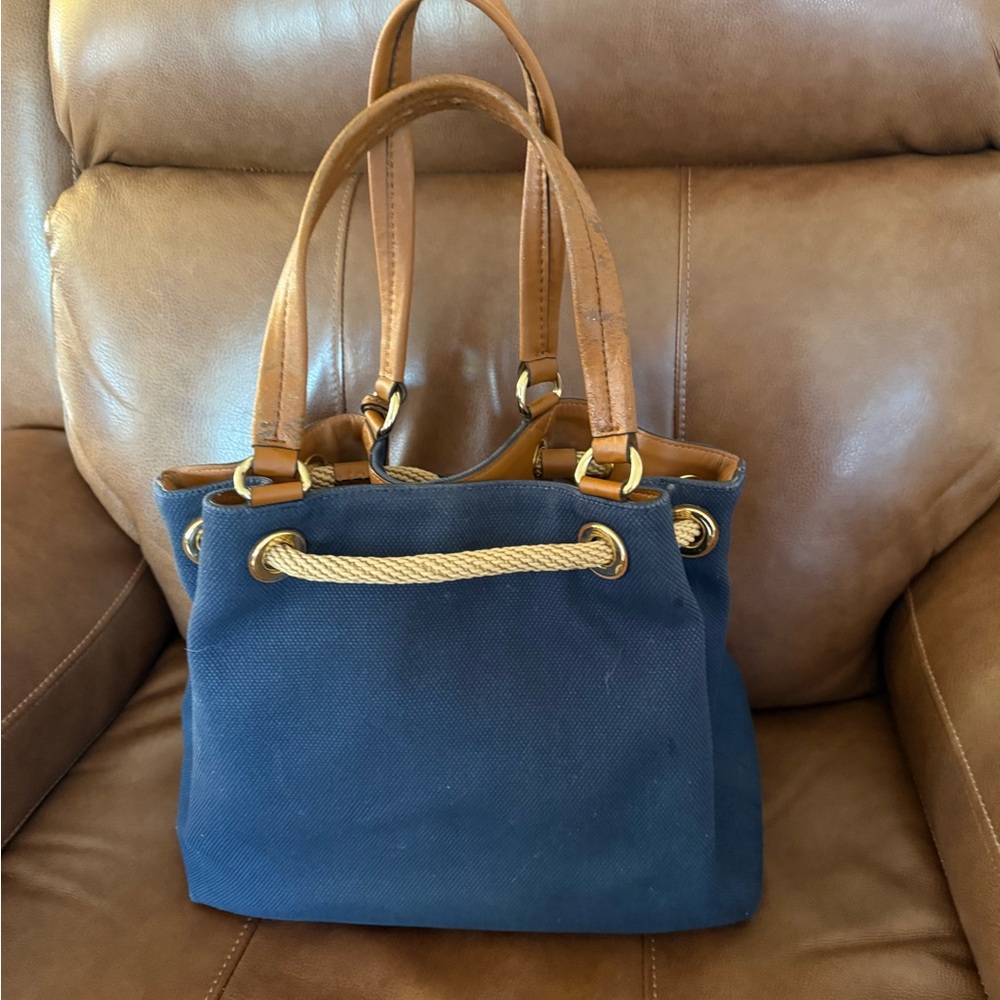Michael Kors Navy Blue/Brown Canvas Marina Drawstring Tote - Picture 2 of 11